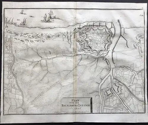 Plan von der Belagerung Ostende Anno 1706  - Ostende Ostende bataille battle Belgique gravure Karte map Plan