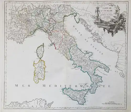 Carte de L'Italie dans laquelle sont tracees les Routes des Postes - Italien Italy Italia Sizilien Sicilia Sar