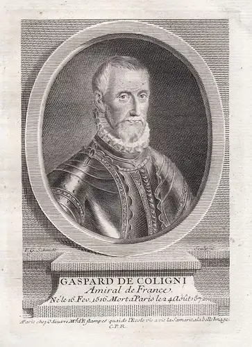 Gaspard de Coligni - Gaspard II de Coligny (1519 - 1572) Comte Graf Admiral France Kupferstich Portrait engrav