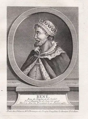 Rene - Rene I dAnjou (1409 - 1480) König Neapel Sizilien Naples Sicile Le bon Roi Rene gravure Portrait engra