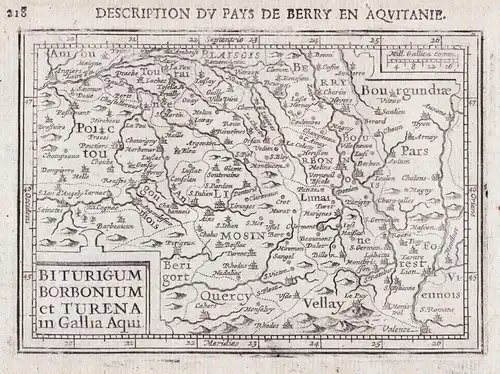 Biturigum Borbonium et Turenta in Gallia Aqui. - Berry Bourbonnais Touraine map Karte carte gravure