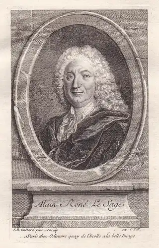 Alain Rene le Sage - Alain-René Lesage (1668-1747) ecrivain Schriftsteller gravure Kupferstich Portrait engrav