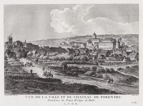 Vue de la Ville et du Chateau de Porentru - Pruntrut Porrentruy Kanton Jura gravure / Schweiz Suisse