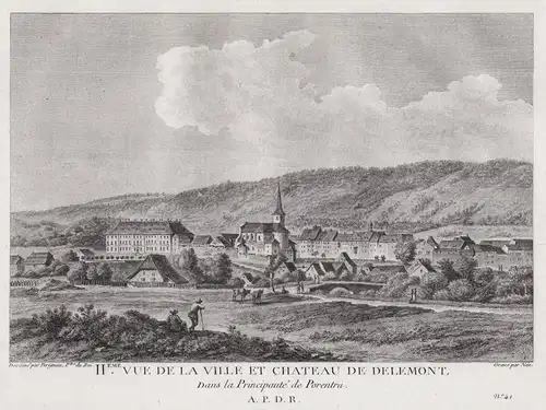 II.eme Vue de la Ville et Chateau de Delemont - Delsberg Delemont Kanton Jura gravure / Schweiz Suisse