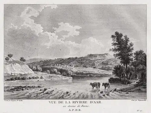  Vue de la riviere d'Aar au dessus de Berne - Aare Fluss Kanton Bern Landschaft gravure  / Schweiz Suisse