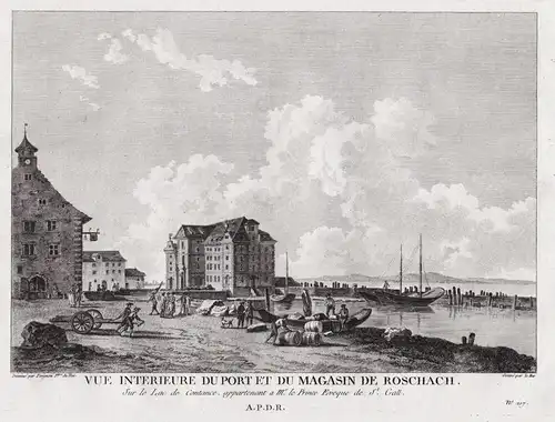 Vue interieure du port et du magasin de Roschach - Rorschach Bodensee gravure / Schweiz Suisse