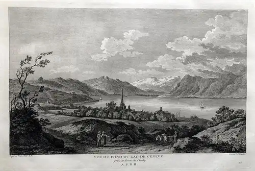  Vue du fond du lac de Geneve prise au dessus de Cueilly - Cully Genfersee Lac Leman Schweiz gravure Kupfersti