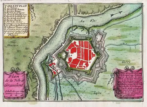 Plan de la Ville de Graveline - Gravelines Grevelingen Hauts-de-France carte map Karte gravure