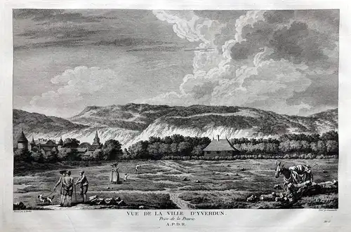  Vue de la Ville D'Yverdun. Prise de la Prairie - Yverdon-les-Bains Kanton Waadt gravure Kupferstich Zurlauben