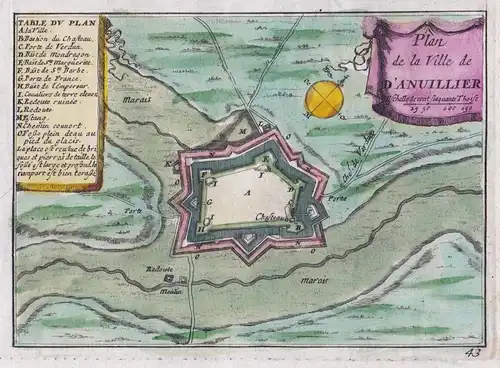 Plan de la Ville de D'anuillier - Damvillers Meuse Lorraine gravure carte map Karte