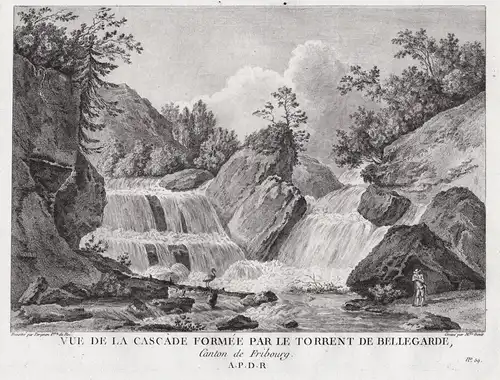 Vue de la Cascade formée par le Torrent de Bellegarde - Jaun Greyerz Kanton Freiburg gravure / Schweiz Suisse