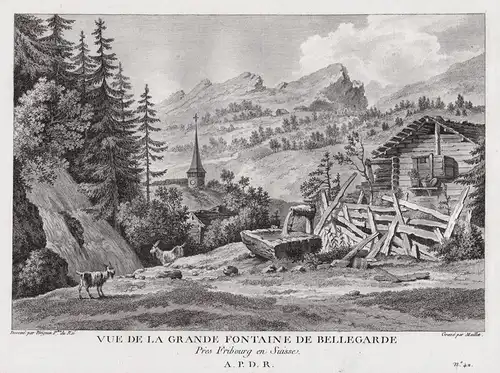 Vue de la Grande Fontaine de Bellegarde - Jaun Greyerz Kanton Freiburg gravure / Schweiz Suisse