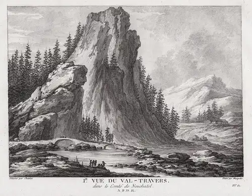 1e Vue du Val-Travers dans le Comté de Neuchatel - Val de Travers Fluss Berg Schweiz Kupferstich gravure Zurla