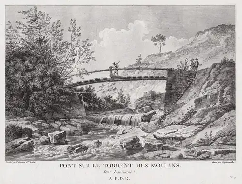 Pont sur le Torrent des Moulins sous Lausanne - Lausanne Fluss Brücke gravure / Schweiz Suisse