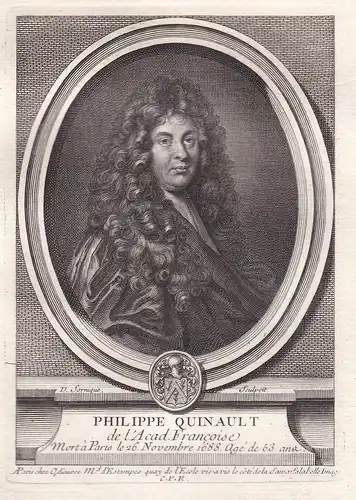 Philippe Quinault - Philippe Quinault (1635-1688) poet Dichter poete auteur gravure Portrait engraving