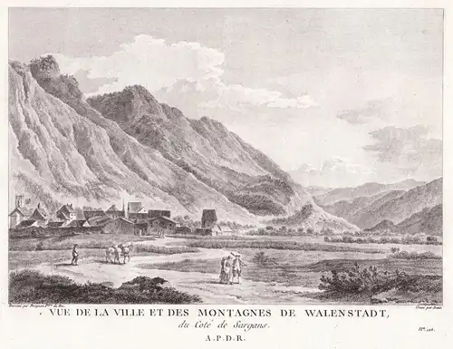 Vue de la Ville et des Montagnes de Walenstadt - Walenstadt Walensee Kanton St Gallen Kupferstich gravure Zurl