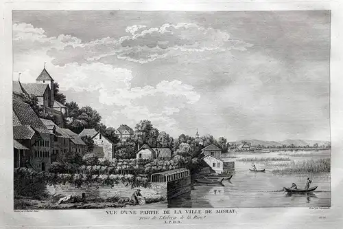  Vue d'une partie de la ville de Morat.Prise de l'Auberge de la Rive - Murten Morat Kanton Freiburg gravure Ku