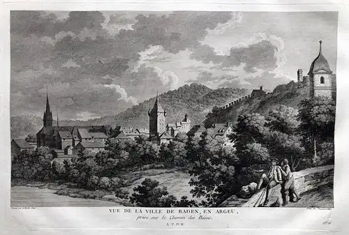 Vue de la ville de Baden,en Argeu prise sur le Chemin des Bains - Baden im Aargau Schweiz Suisse gravure Kupfe