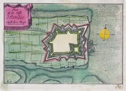 Plan de la Ville d'Icendic - Ijzendijke Sluis Zeeland Nederland Niederlande Netherlands gravure map Karte