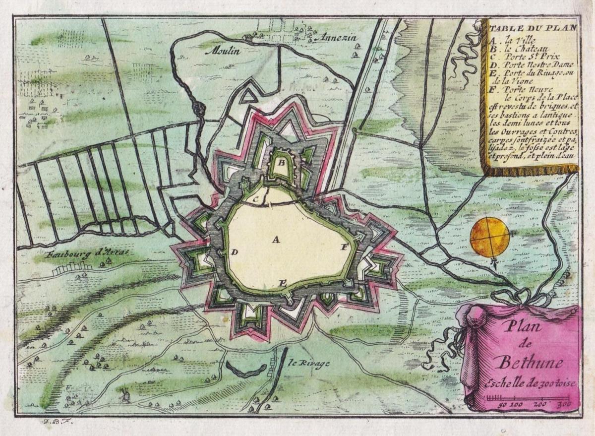 Plan de Bethune Bethune PasdeCalais HautsdeFrance gravure carte