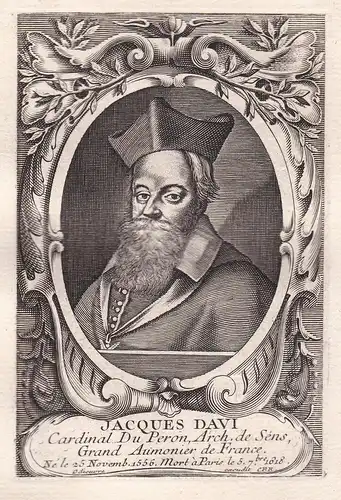 Jacques Davi - Jacques-Davy Du Perron (1556-1618) Saint-Lo poet cardinal prelat poete gravure Portrait