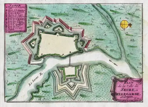 Plan de la Ville de Seure, ou Bellegarde - Seurre Cote-d'Or Bourgogne gravure carte map Karte