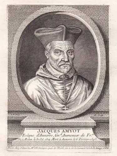 Jacques Amyot - (1513-1593) Auxerre Renaissance humanist Portrait gravure Kupferstich Portrait engraving