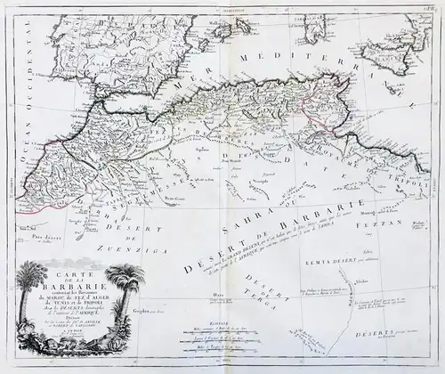 Carte de la Barbarie contenant les Royaumes de Maroc, de Fez, d'Alger, de Tunis et de Tripoli, avec les Desert