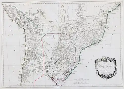 Carte qui representé la Partie Meridionale du Bresil et du Perou, le Chili Septentrional, et le Paraguay, ce q