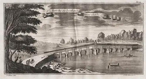 Die Brücke zu Zwethau bey Torgau über die alte Elbe. - Großtreben-Zwethau Beilrode b. Torgau Elbe Brücke Sachs