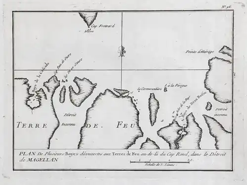 Plan de Plusieurs Bayes decouvertes aux Terres du Feu au-de-la du Cap Rond, dans le Detroit de Magellan. - Tie
