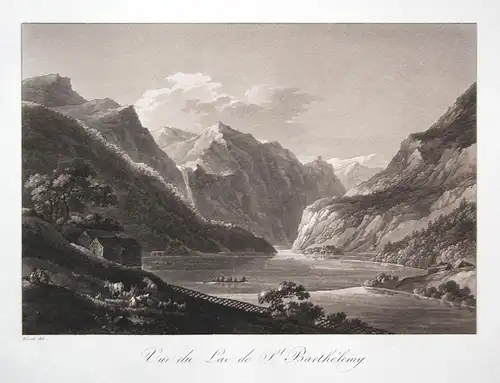 Vue du Lac de St. Barthelemy - St. Bartholomä Königssee Hirschau Rösel Sepia Aquatinta aquatint antique print