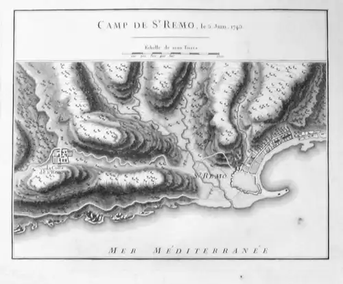 Camp de St. Remo, le 5. Juin, 1745 -  San Remo Sanremo Kupferstich acquaforte etching map Pezay carta Italia
