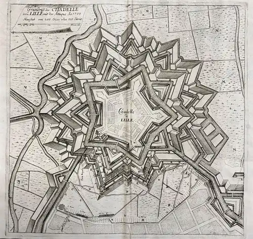 Grundriß der Citadelle von Lille mit der Attaque Anno 1708 - Lille Citadelle bataille gravure Plan