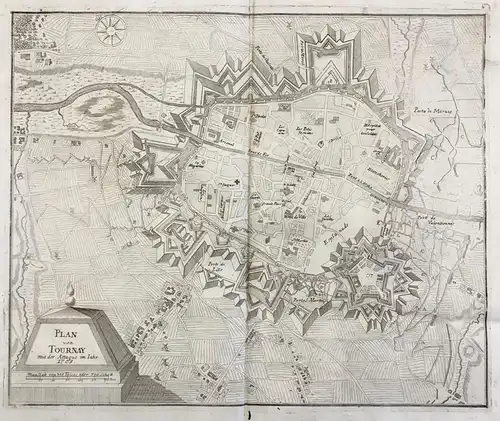 Plan von Tournay mit der Attaque im Iahr 1709 - Tournai Belgique attaque gravure plan