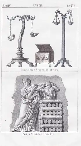 Grecia. / Lampadari e Cassetta da profumi. / Pira e Cerimonie funebri. - Greek Empire Ancient Greece art Kunst