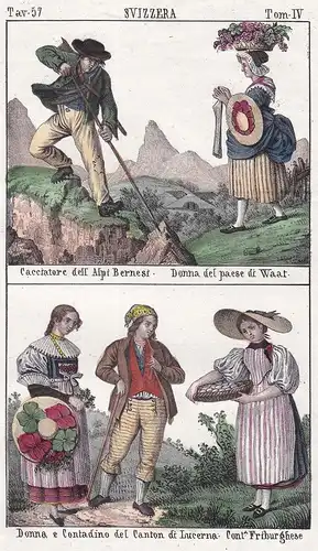 Svizzera. / Cacciatore dell'Alpi Bernesi. Donna del paese di Waat. / Donna e Contadino del Canton di Lucerna.