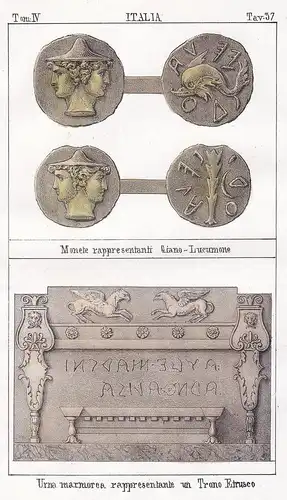 Italia. / Monete rappresentanti Giano-Lucumone. / Urna marmorea rappresentante un Trono Etrusco. - Roman Empir