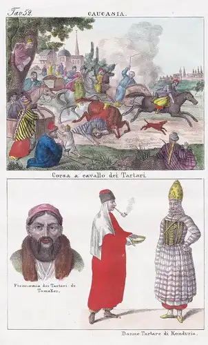 Caucasia. / Corsa a cavallo dei Tartari / Donne Tartare di Konduria. - Tartary Tatarei Russia Russland Russie