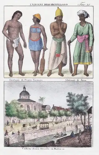 Indiani delli Arcipelago / Isolani di Poggi Nassau. Abitanti di Java. / Veduta d'una Strada in Batavia - Java