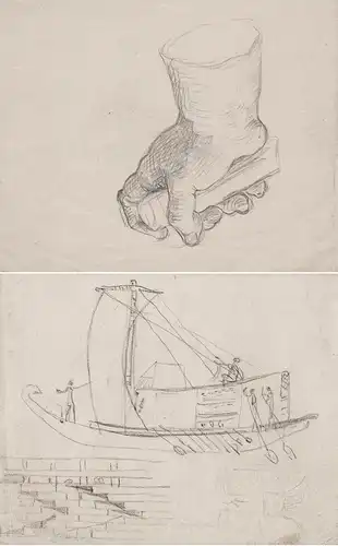 (Drawing/Study of a human hand; Sketch of a ship) - Hand hands main dessin