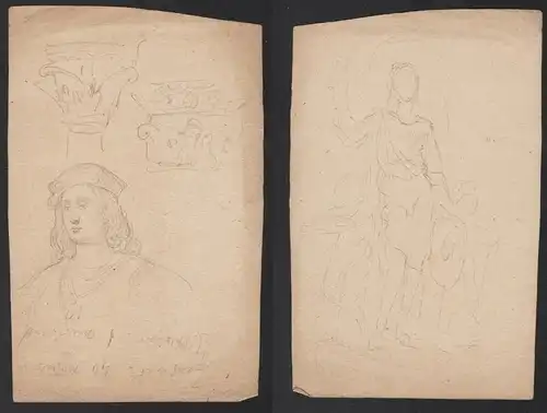 (Sketches of a Renaissance man's portrait, some ornamental elements, and an unfinished sketch of a saint on ve