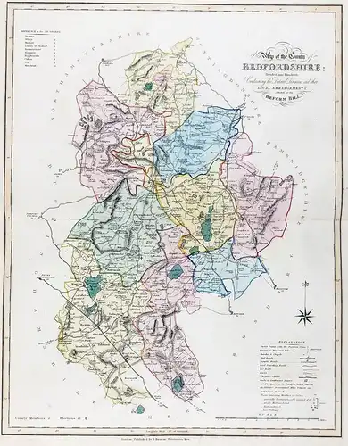 New Map of the County of Bedfordshire; Divided into Hundreds; Containing the District Divisions and other Loca