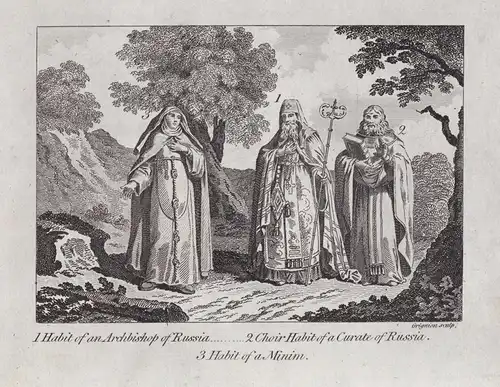 1. Habit of an Archbishop of Russia. 2. Choir Habit of a Curate of Russia. 3. Habit of a Minim - Russian clerg