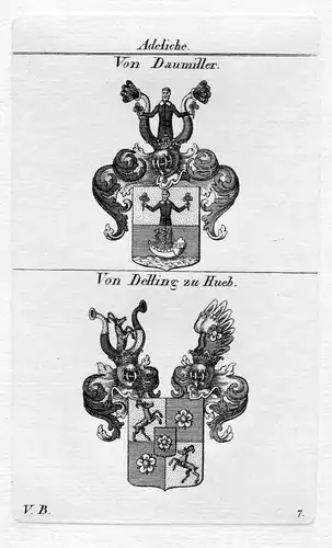 Daumiller Delling Hueb - Wappen Adel coat of arms heraldry Heraldik Kupferstich