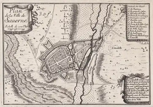 Plan de la ville de Sauerne - Saverne Bas-Rhin Alsace Elsass gravure estampe