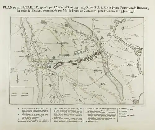 Plan de la Bataille, gagnee par l'Armee des Allies, aux Ordres S. A. S. Mr. le Prince Ferdinand de Brunswic, s