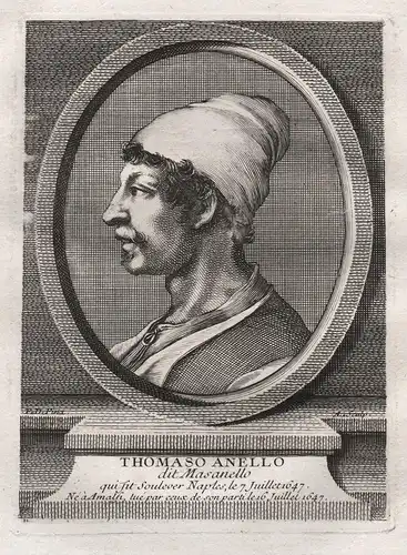 Thomaso Anello - Masaniello / Tommaso Aniello d'Amalfi (1620-1647) fisherman leader revolt Naples Portrait eng