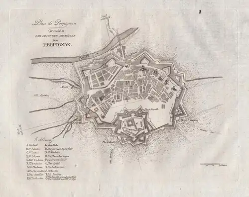 Plan de Perpignan / Grundriss der Stadt und Citadelle von Perpignan - Perpignan Occitanie France city plan Sta