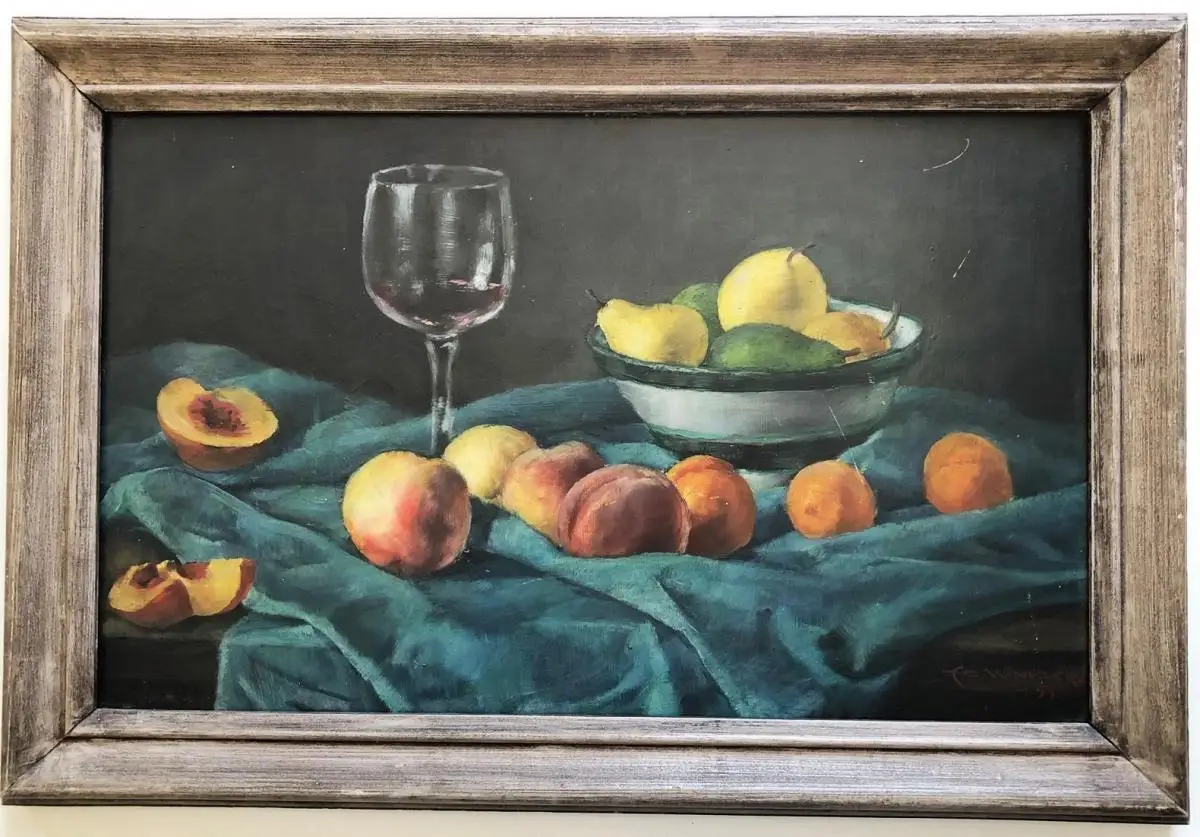 Stillleben mit einem Glas Wein, Pfirsichen und Birnen. 0